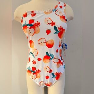 BNWT size L One-Shoulder Fruit Print womens Swimsuit - White with Red & Green